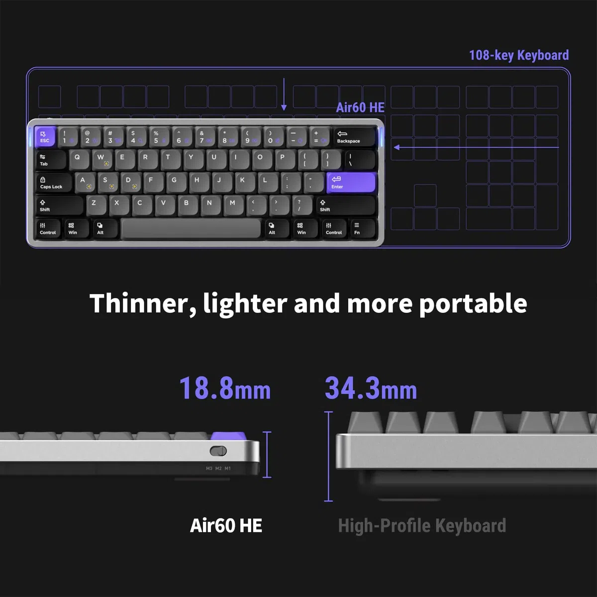 nuphy Air60 HE Clavier Magnétique, 60% QWERTY US Layout, Hot-Swap, RGB LED, QMK/Via, USB-C, Hall Effect, Rapid Trigger, Magnetic Jade Pro Switch