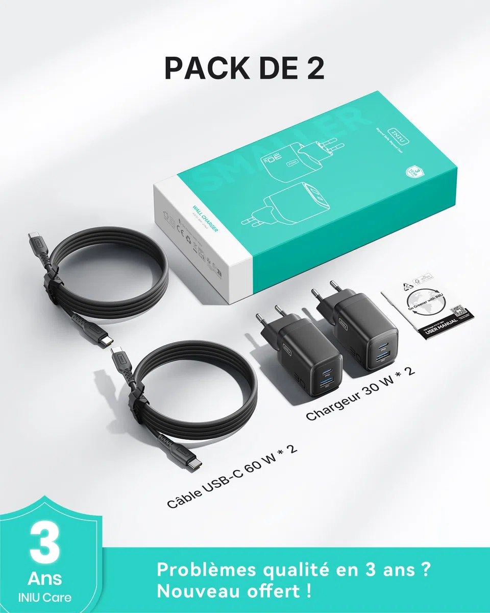 INIU Chargeur USB C, 30W 2-Port Prise USB C Chargeur Rapide avec 60W Câble, GaN Tech Super Charge Rapide pour iPhone 17 16 Pro Max, iPad Air, Galaxy S25 S24, Xiaomi 15, Pixel 10, Switch 2 etc
