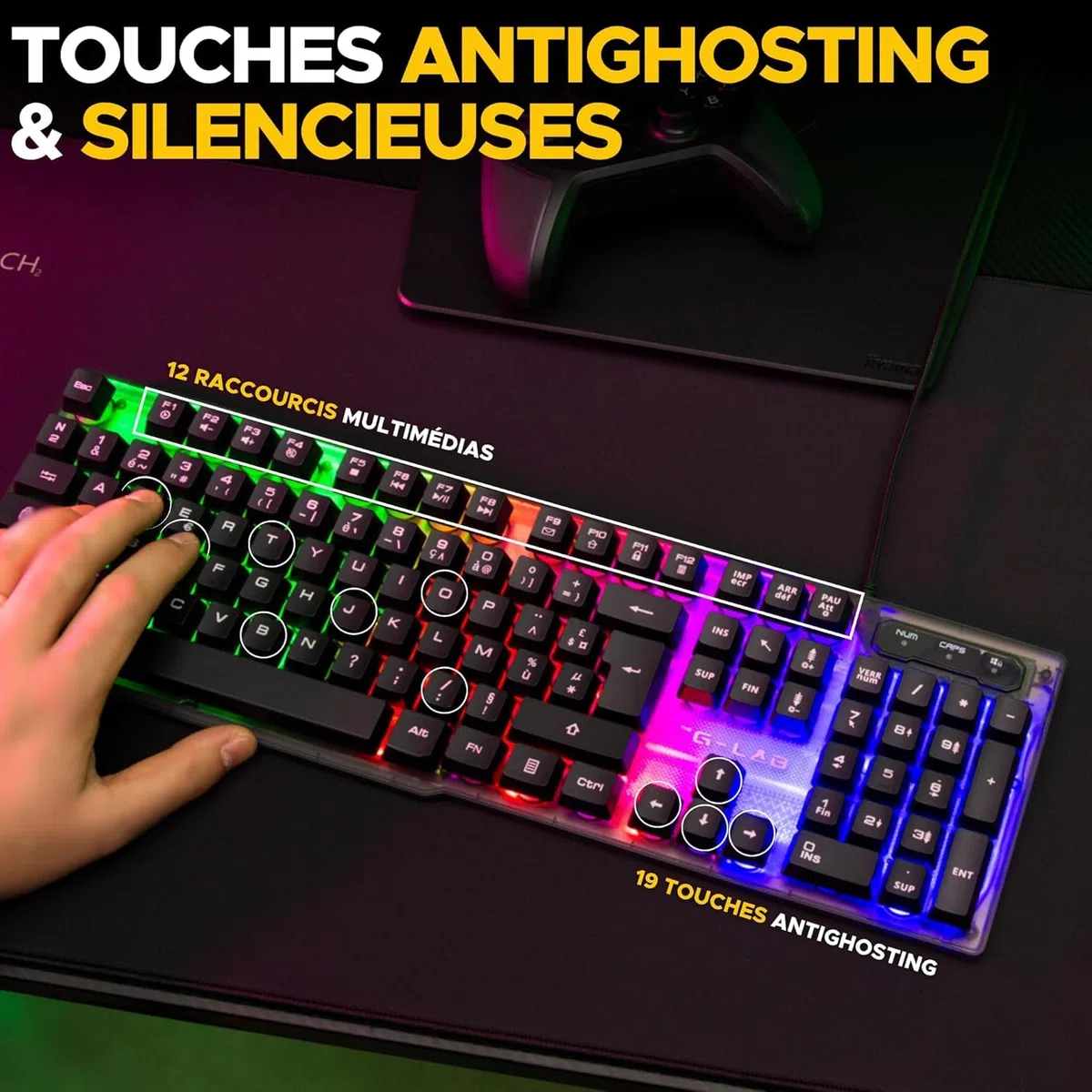 The G-Lab - Keyz Néon - Clavier gamer AZERTY Filaire USB, Rétroéclairage LED Rainbow - Clavier gaming semi-mécanique, 19 touches Antighosting, 12 raccourcis multimédias - PC/PS4/PS5/XBOX – New