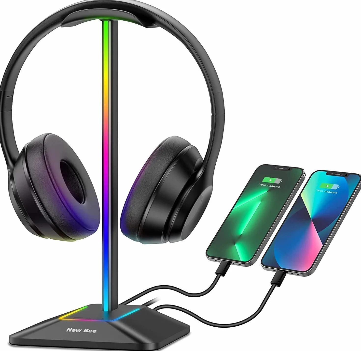 New Bee Support Casque RGB Gamer avec 2 Ports Type-c et USB Casque Stand Transmission de Données, Universel pour Casque de Gaming PC(Noir)
