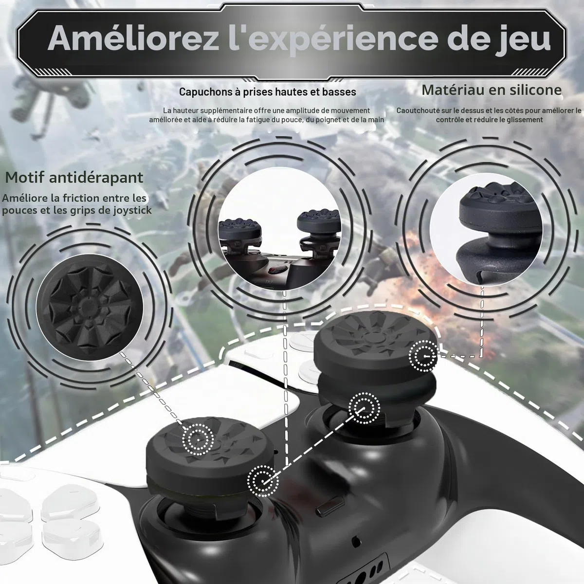 TEUVO Thumbsticks Capuchons Joystick PS5 - FPS Joystick Thumb Grip pour PS4 Grips Manette PS5 Silicone Caps Accessoires Manette Controller à Aide avec Viser, Réduire Pouce Fatigue, Noir 2 pièces