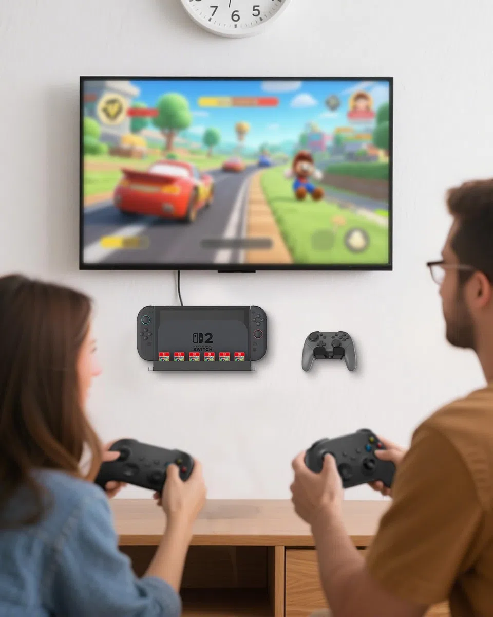 FINTIE Support Mural en Métal Compatible avec Nintendo Switch 2, avec 1 Support de Manette - [12 Emplacements de Cartes de Jeu] avec 2 Crochets pour Joy-Con, Noir