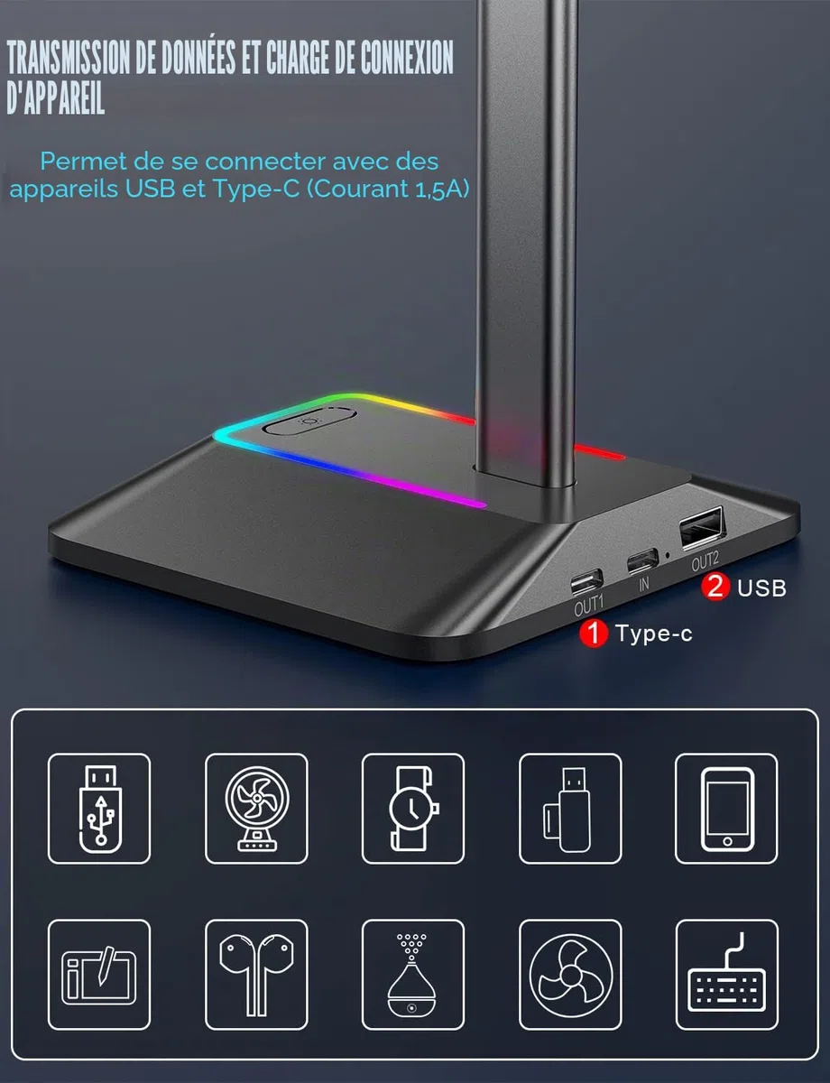 New Bee Support Casque RGB Gamer avec 2 Ports Type-c et USB Casque Stand Transmission de Données, Universel pour Casque de Gaming PC(Noir)