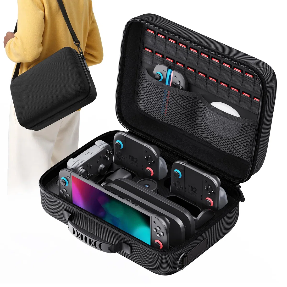 Lmcpa Étui de Protection pour Nintendo Switch 2,Housse de Transport à Coque Rigide ,Portable All Protective Hard Travel Bag for Switch 2 Console&Switch 2 Accessories (22 Cartouches Incluses)-Noir