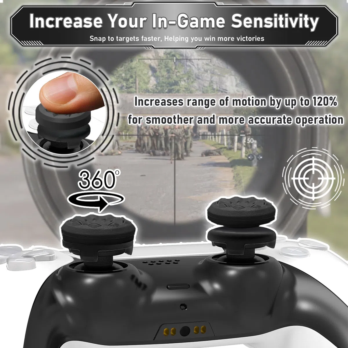TEUVO Thumbsticks Capuchons Joystick PS5 - FPS Joystick Thumb Grip pour PS4 Grips Manette PS5 Silicone Caps Accessoires Manette Controller à Aide avec Viser, Réduire Pouce Fatigue, Noir 2 pièces