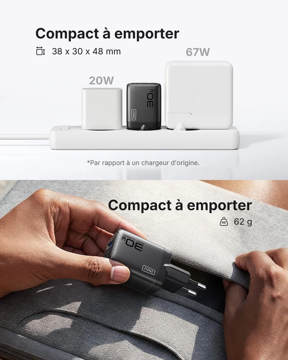 INIU Chargeur USB C, 30W 2-Port Prise USB C Chargeur Rapide avec 60W Câble, GaN Tech Super Charge Rapide pour iPhone 17 16 Pro Max, iPad Air, Galaxy S25 S24, Xiaomi 15, Pixel 10, Switch 2 etc