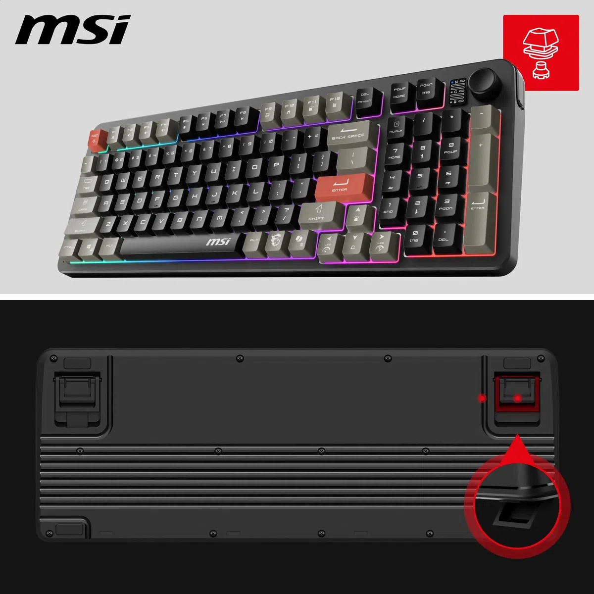 MSI Forge GK110 FR Clavier Gaming - AZERTY, Disposition FR, switches à Membrane, RGB, éclairage et Touches multimédia, Base antidérapante, Inclinaison réglables, USB 2.0 - Pleine Taille