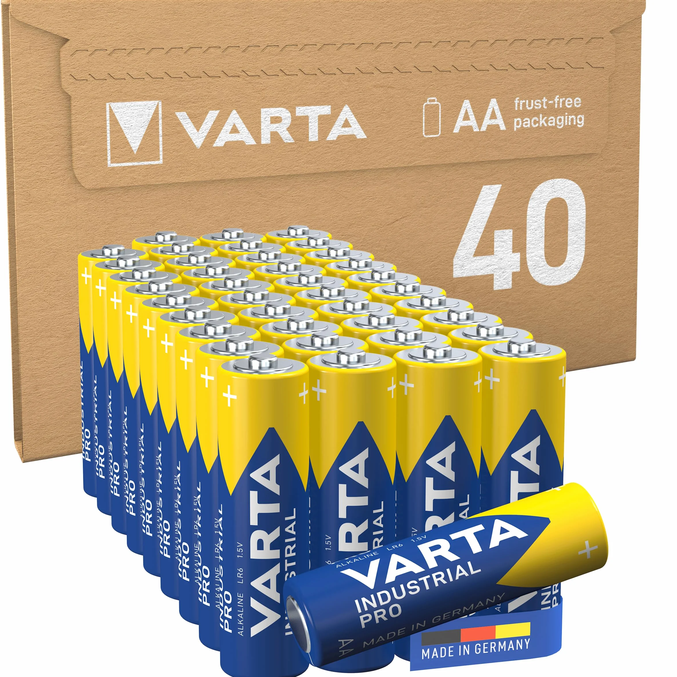 VARTA Piles AA, lot de 40, Industrial Pro, Batterie Alcaline, 1,5V, pack de stockage en emballage écologique, Made in Germany [Exclusif sur Amazon]