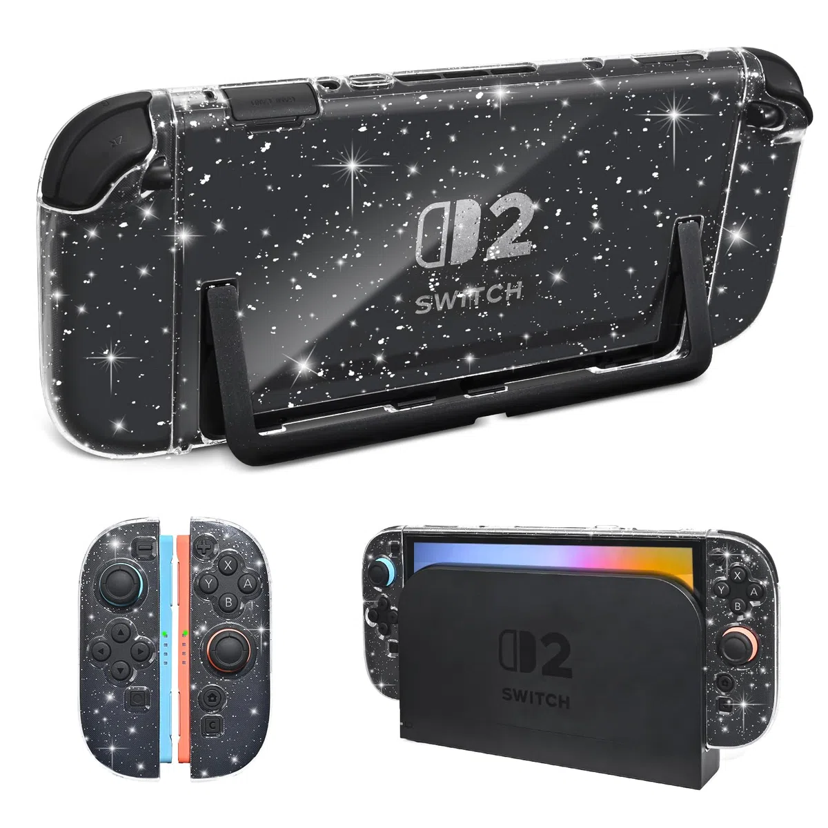 DLseego Paillettes Coque Compatible avec la Switch 2,Solide Étincelant Transparent Housse de Protection avec Silicone Souple Poignée Cover,Antichoc et Design Split