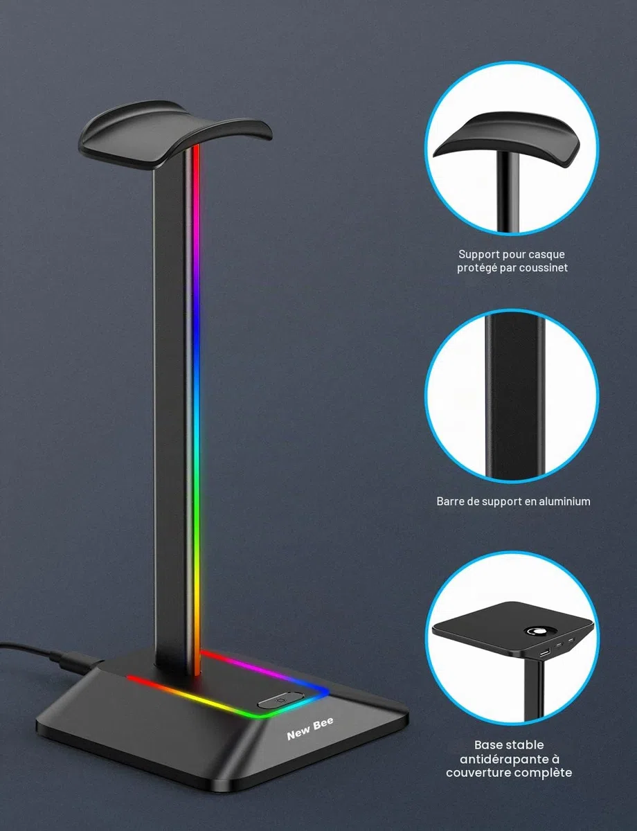 New Bee Support Casque RGB Gamer avec 2 Ports Type-c et USB Casque Stand Transmission de Données, Universel pour Casque de Gaming PC(Noir)