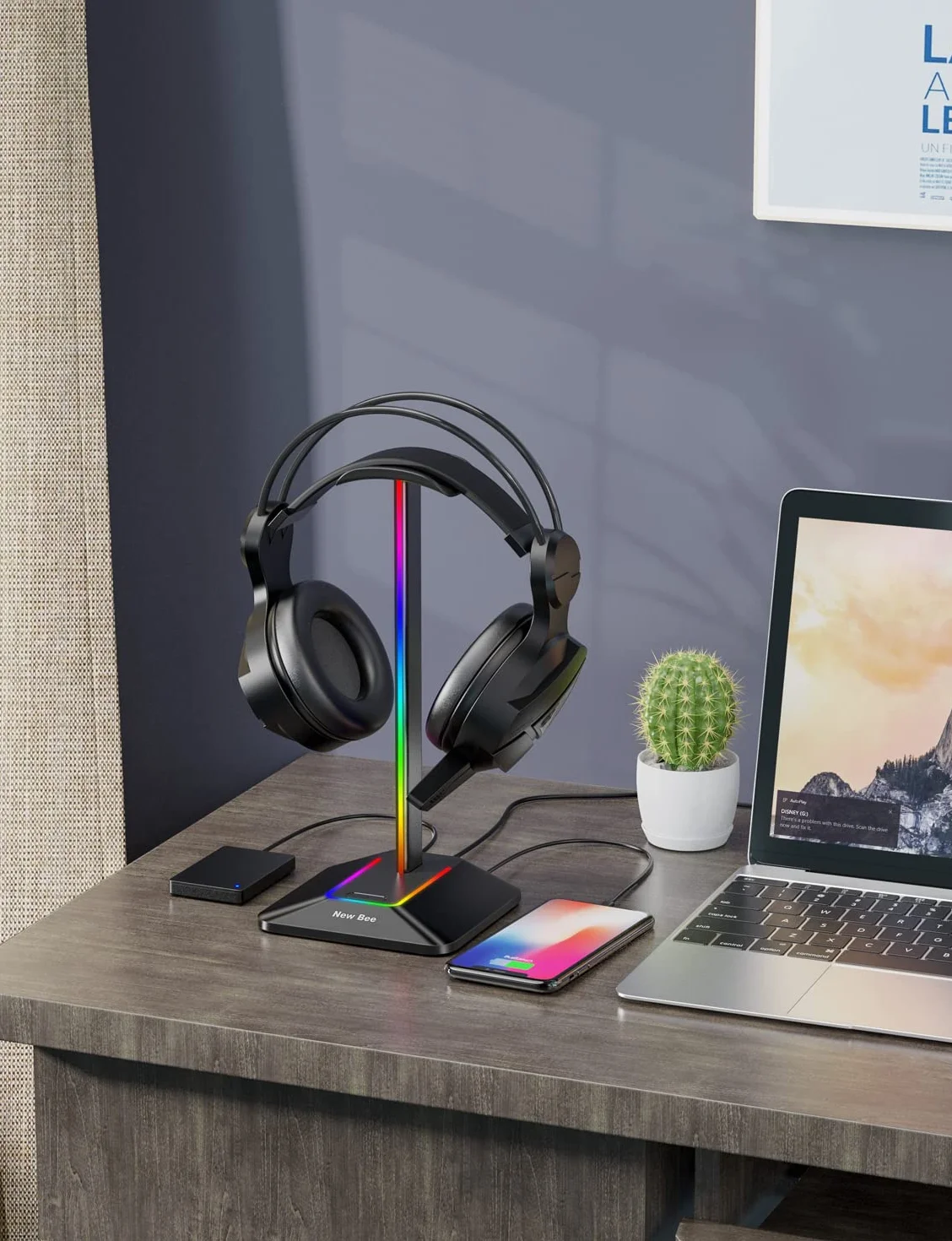 New Bee Support Casque RGB Gamer avec 2 Ports Type-c et USB Casque Stand Transmission de Données, Universel pour Casque de Gaming PC(Noir)