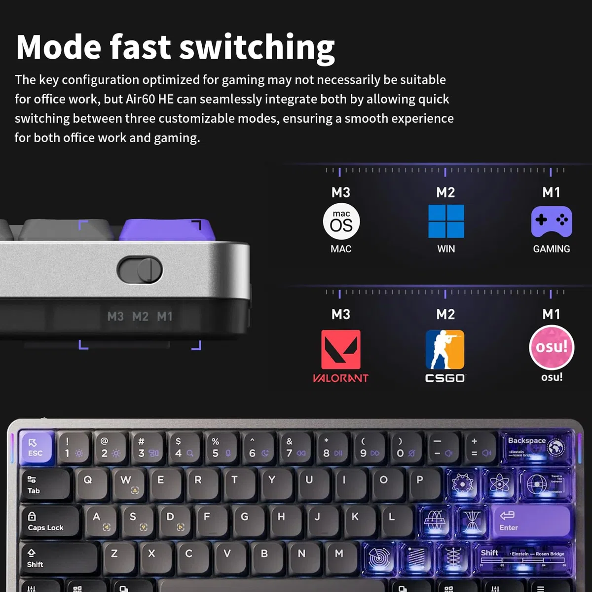 nuphy Air60 HE Clavier Magnétique, 60% QWERTY US Layout, Hot-Swap, RGB LED, QMK/Via, USB-C, Hall Effect, Rapid Trigger, Magnetic Jade Pro Switch