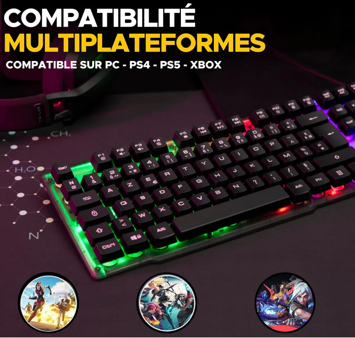 The G-Lab - Keyz Néon - Clavier gamer AZERTY Filaire USB, Rétroéclairage LED Rainbow - Clavier gaming semi-mécanique, 19 touches Antighosting, 12 raccourcis multimédias - PC/PS4/PS5/XBOX – New