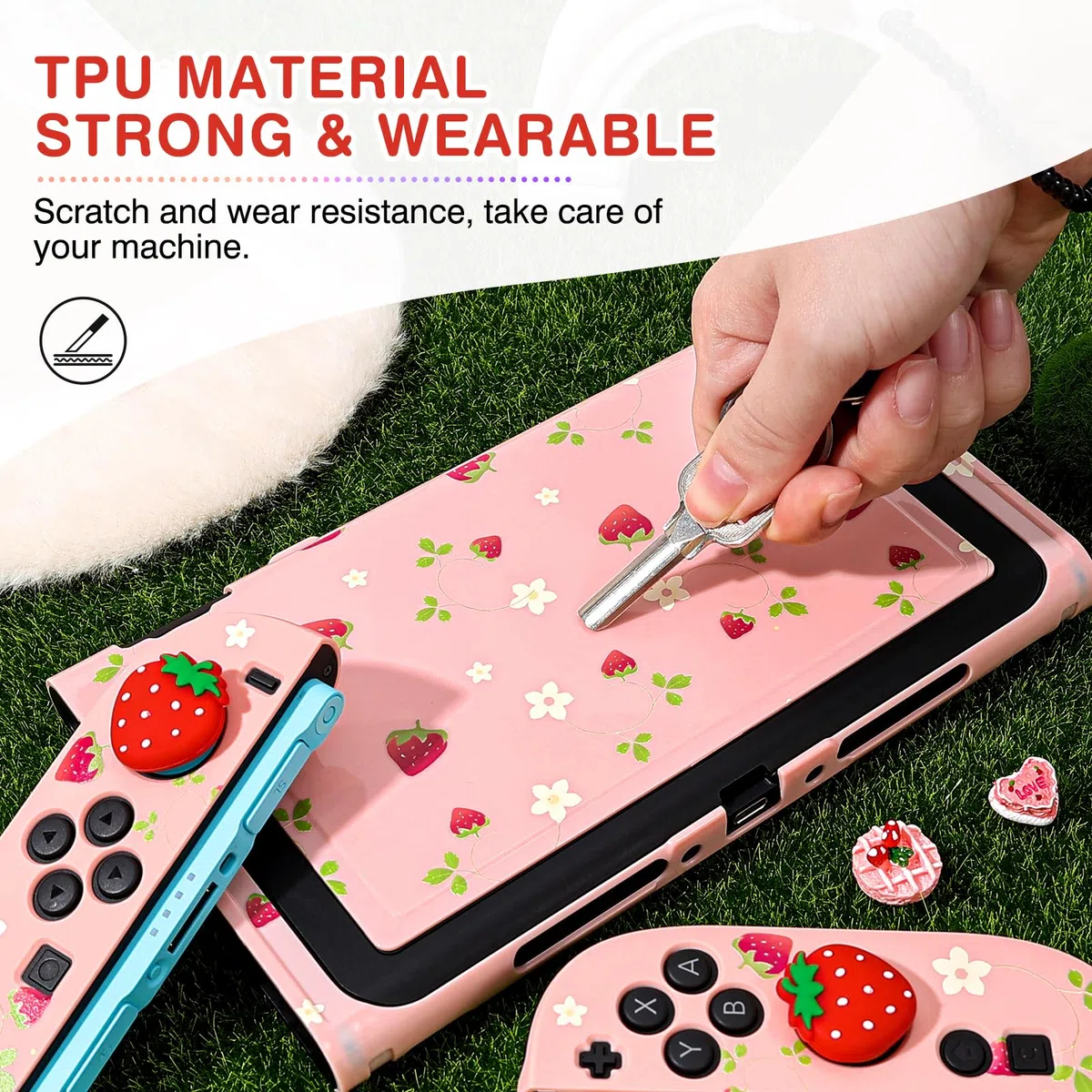 DLseego Coque de Protection pour Switch 2,Fraise Mignonne Dockable Dur Anti-Rayures Antichoc Design Housse de Protection avec 2 Cover pour Poignée Souple et 2PCS Capuchon de Joystick,Fleur de Fraise
