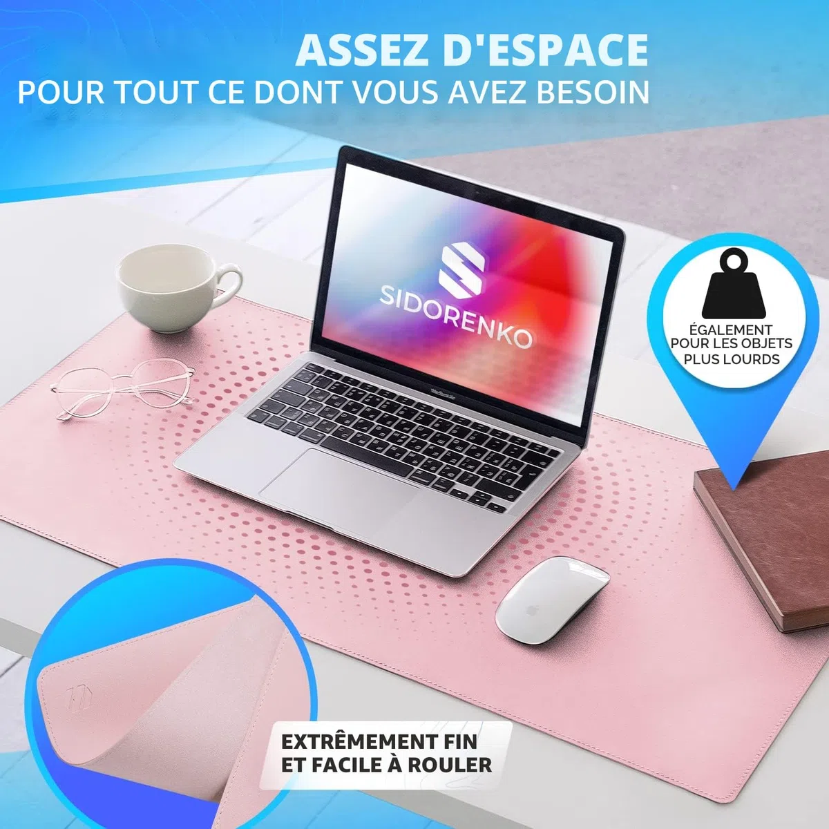 Sidorenko - Sous-main de bureau en cuir synthétique - 80 x 40 cm - Rose - Avec bords cousus - Tapis de bureau résistant à la rouille - Grand sous-main - Tapis de souris XXL