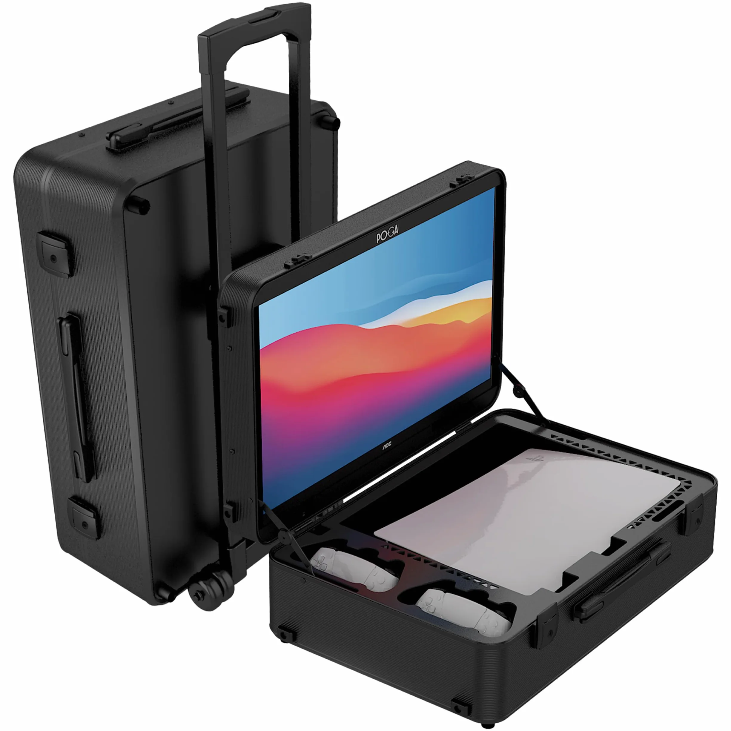 POGA Lux V2 Boîtier de jeu avec chariot et moniteur de jeu AOC 24'' Noir, Noir