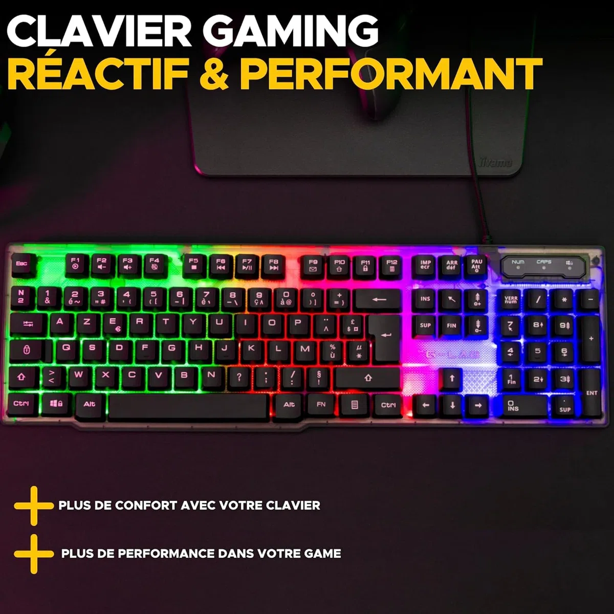 The G-Lab - Keyz Néon - Clavier gamer AZERTY Filaire USB, Rétroéclairage LED Rainbow - Clavier gaming semi-mécanique, 19 touches Antighosting, 12 raccourcis multimédias - PC/PS4/PS5/XBOX – New