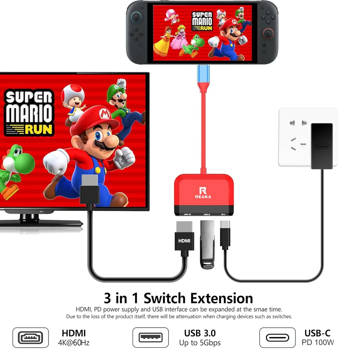 RREAKA Station d'accueil pour Nintendo Switch OLED, adaptateur TV 3 en 1 avec HDMI 4K, port USB 3.0, charge de type C 100 W, station d'accueil portable de voyage, pour Samsung Dex S24, MacBook