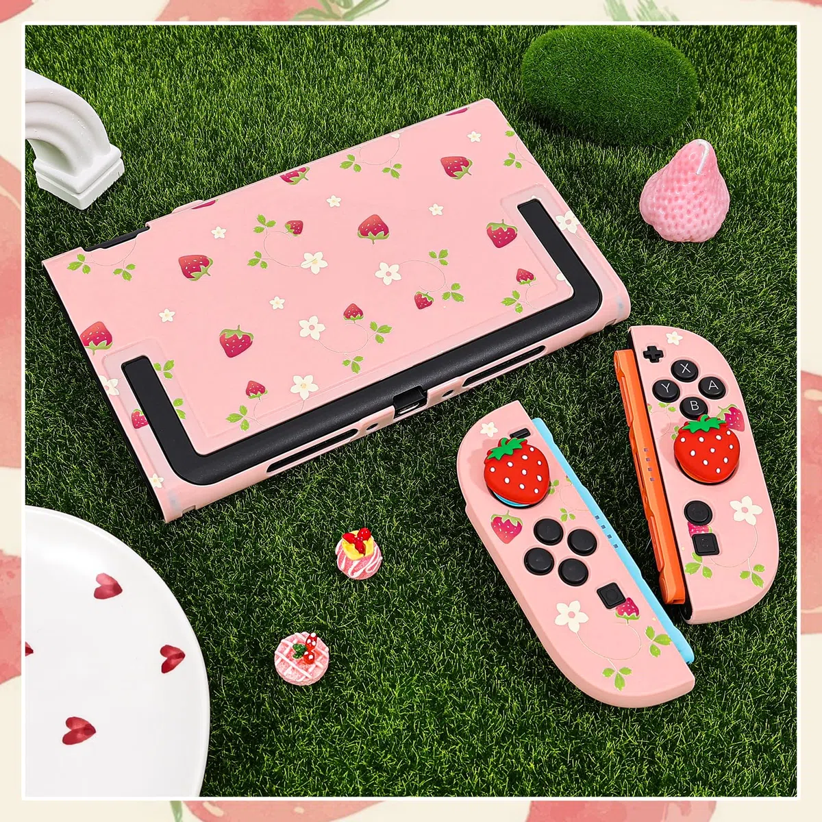 DLseego Coque de Protection pour Switch 2,Fraise Mignonne Dockable Dur Anti-Rayures Antichoc Design Housse de Protection avec 2 Cover pour Poignée Souple et 2PCS Capuchon de Joystick,Fleur de Fraise