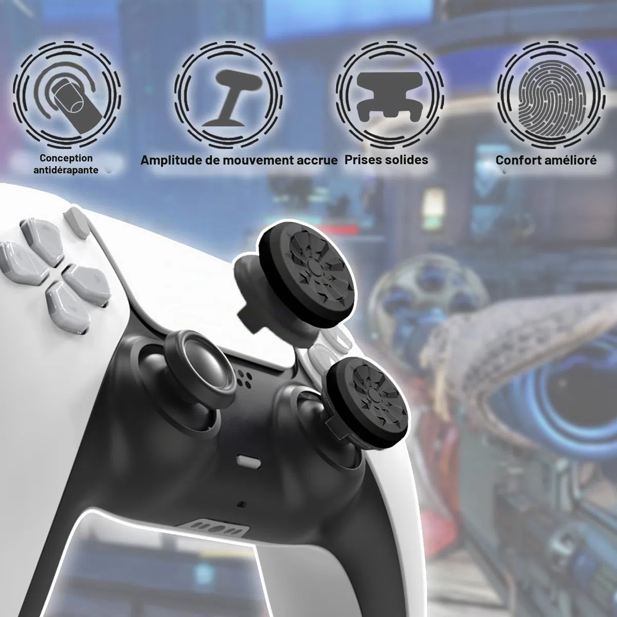 TEUVO Thumbsticks Capuchons Joystick PS5 - FPS Joystick Thumb Grip pour PS4 Grips Manette PS5 Silicone Caps Accessoires Manette Controller à Aide avec Viser, Réduire Pouce Fatigue, Noir 2 pièces
