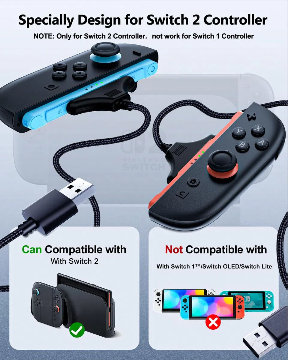 2-Pack 3M Câble de Charge Magnétique pour Nintendo Switch 2 Contrôleur (2025), Fast Charging Cord Accesories pour Joypad 2 Contrôleur Ports USB Nylon Tressé, Replacement Charge Rapide pour NS2