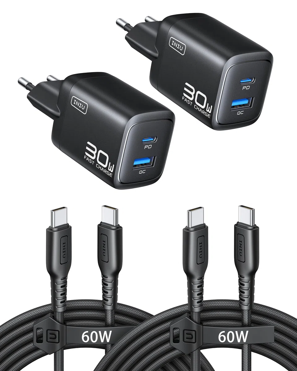 INIU Chargeur USB C, 30W 2-Port Prise USB C Chargeur Rapide avec 60W Câble, GaN Tech Super Charge Rapide pour iPhone 17 16 Pro Max, iPad Air, Galaxy S25 S24, Xiaomi 15, Pixel 10, Switch 2 etc