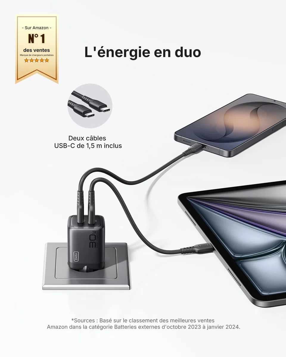 INIU Chargeur USB C, 30W 2-Port Prise USB C Chargeur Rapide avec 60W Câble, GaN Tech Super Charge Rapide pour iPhone 17 16 Pro Max, iPad Air, Galaxy S25 S24, Xiaomi 15, Pixel 10, Switch 2 etc