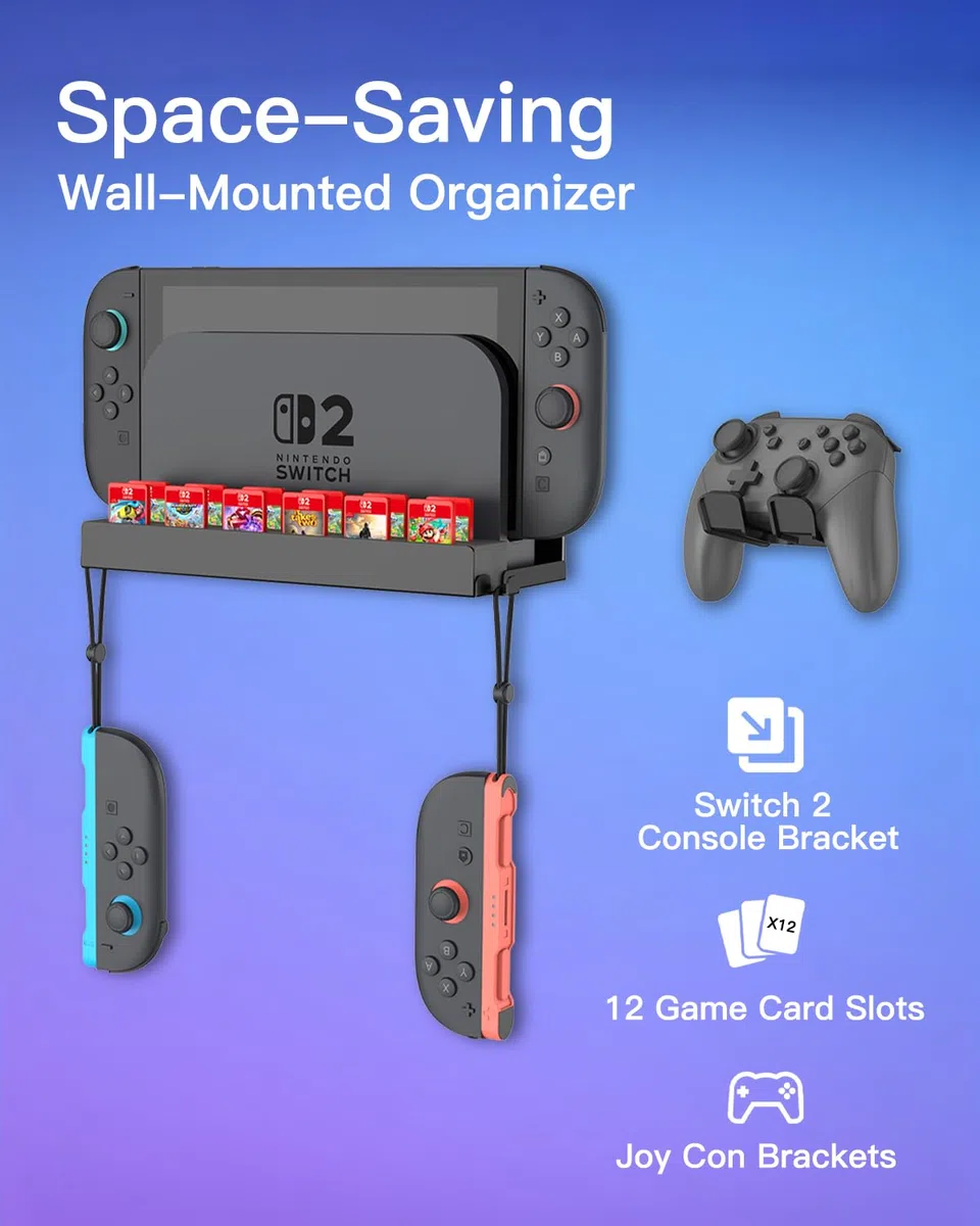 FINTIE Support Mural en Métal Compatible avec Nintendo Switch 2, avec 1 Support de Manette - [12 Emplacements de Cartes de Jeu] avec 2 Crochets pour Joy-Con, Noir