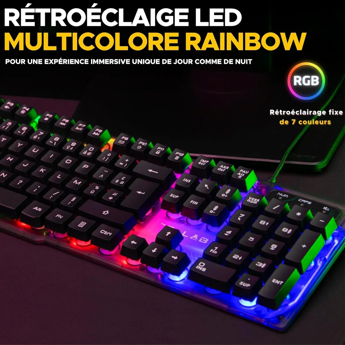 The G-Lab - Keyz Néon - Clavier gamer AZERTY Filaire USB, Rétroéclairage LED Rainbow - Clavier gaming semi-mécanique, 19 touches Antighosting, 12 raccourcis multimédias - PC/PS4/PS5/XBOX – New