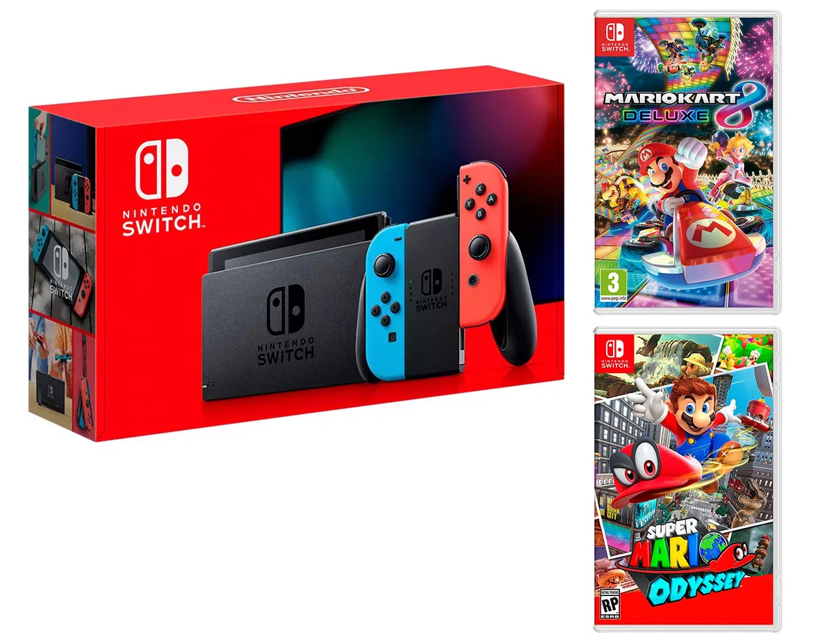 Nintendo Switch console Rouge/Bleu Néon 32Go + Super Mario Odyssey + Mario Kart 8 Deluxe