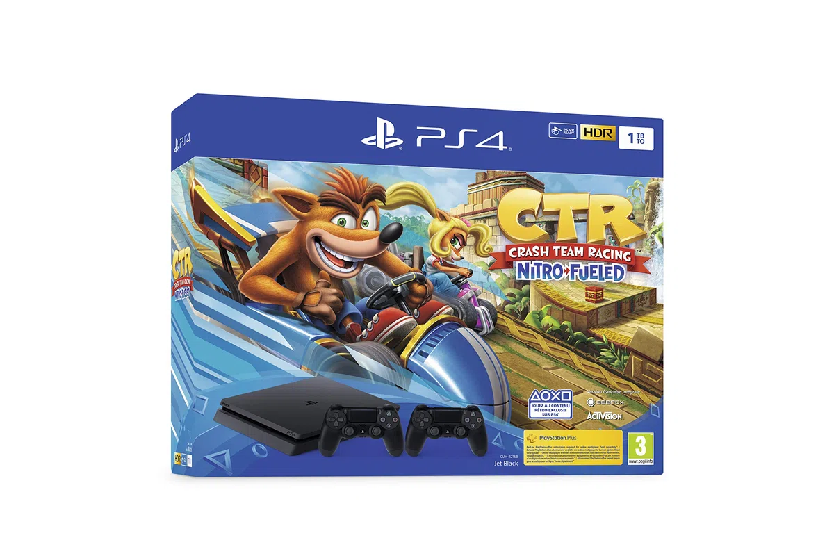 Playstation Sony, Pack PS4 Crash Team Racing, Console 4 Slim 1 To + 2 Manettes Sans Fil DUALSHOCK 4 V2 + Jeu Crash Team Racing, Châssis F, Couleur : Jet Black