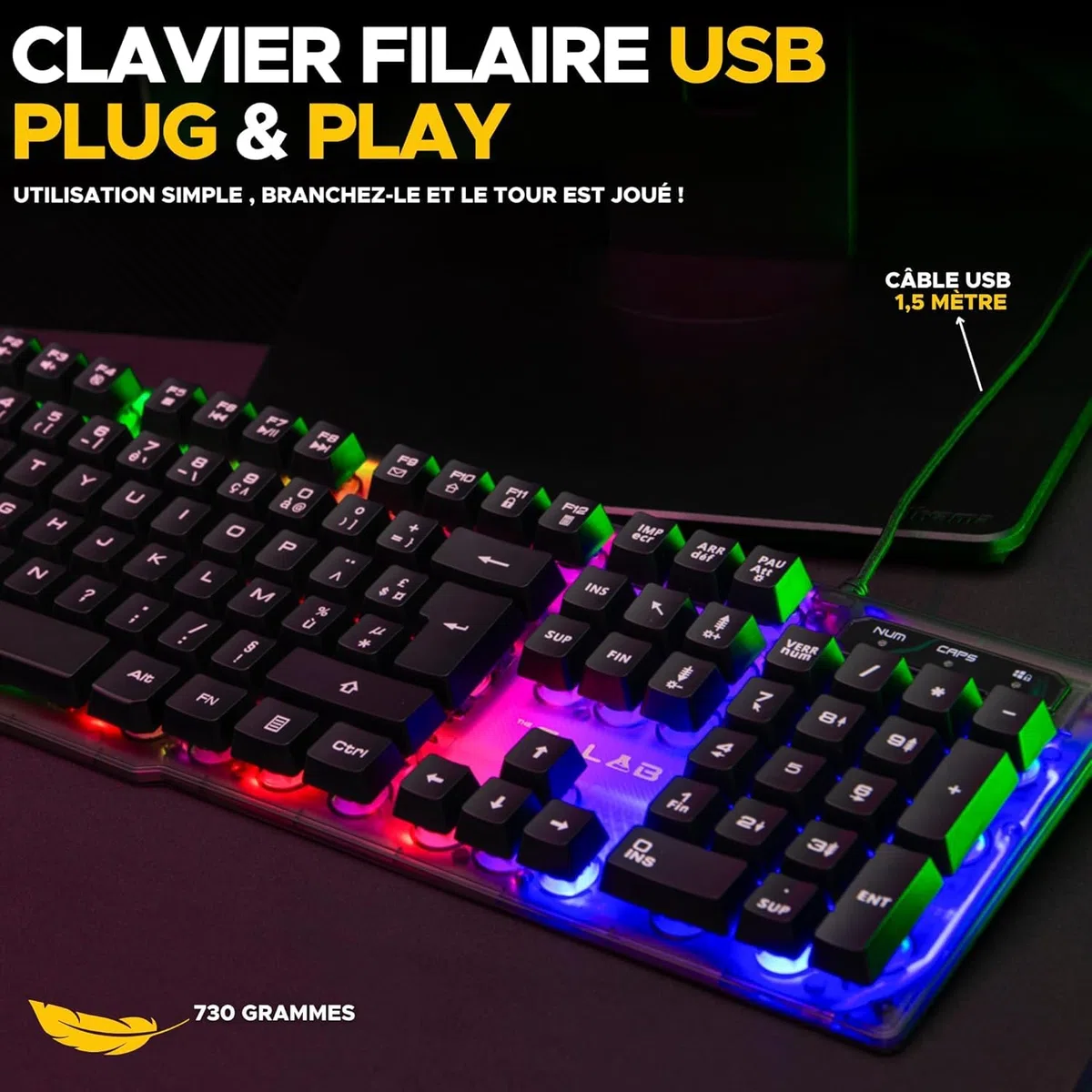 The G-Lab - Keyz Néon - Clavier gamer AZERTY Filaire USB, Rétroéclairage LED Rainbow - Clavier gaming semi-mécanique, 19 touches Antighosting, 12 raccourcis multimédias - PC/PS4/PS5/XBOX – New