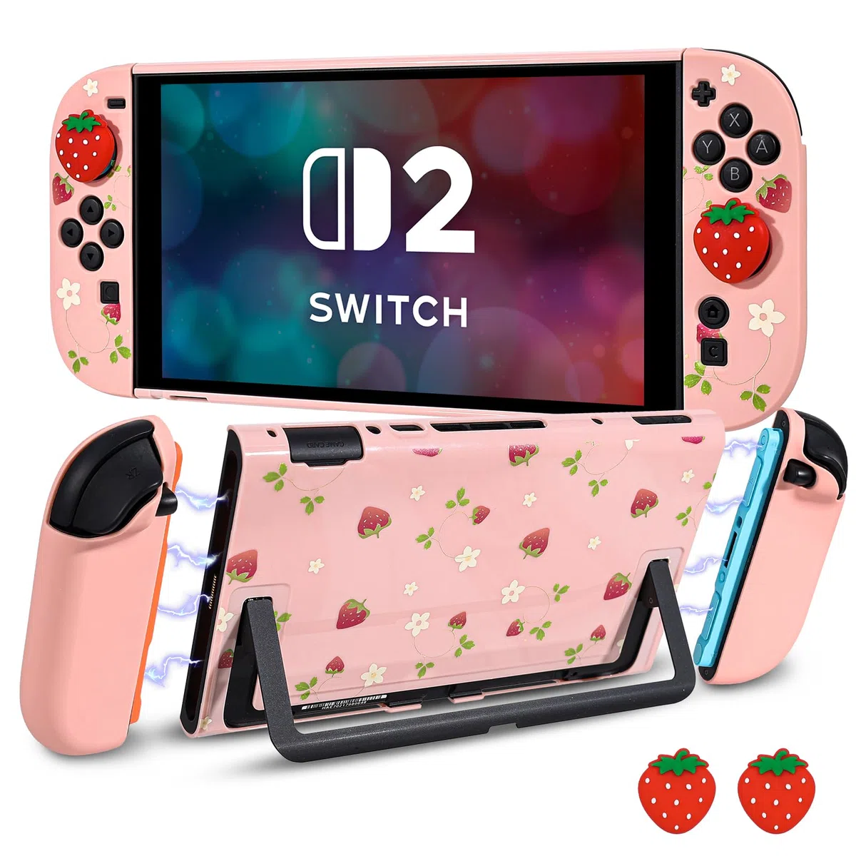 DLseego Coque de Protection pour Switch 2,Fraise Mignonne Dockable Dur Anti-Rayures Antichoc Design Housse de Protection avec 2 Cover pour Poignée Souple et 2PCS Capuchon de Joystick,Fleur de Fraise