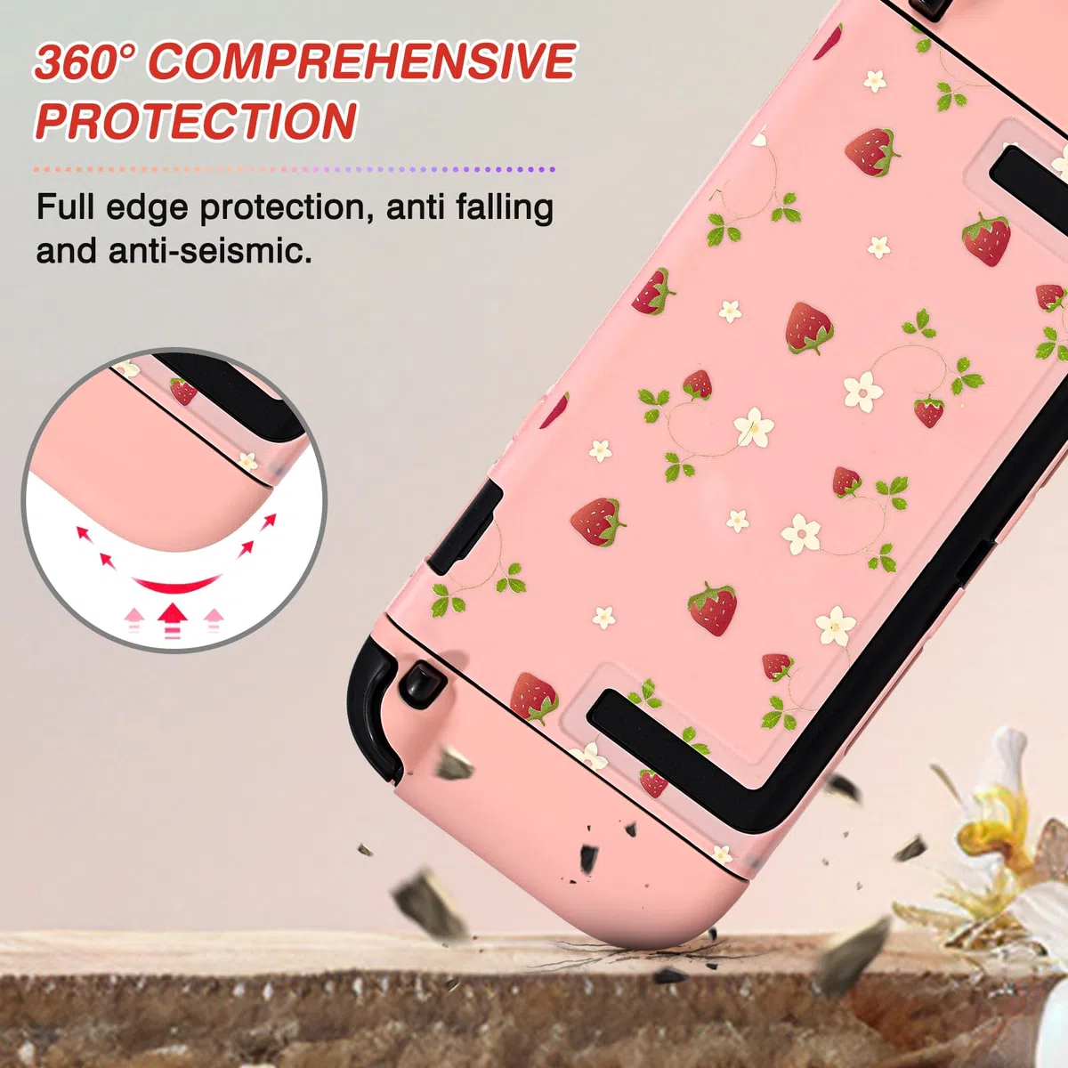 DLseego Coque de Protection pour Switch 2,Fraise Mignonne Dockable Dur Anti-Rayures Antichoc Design Housse de Protection avec 2 Cover pour Poignée Souple et 2PCS Capuchon de Joystick,Fleur de Fraise