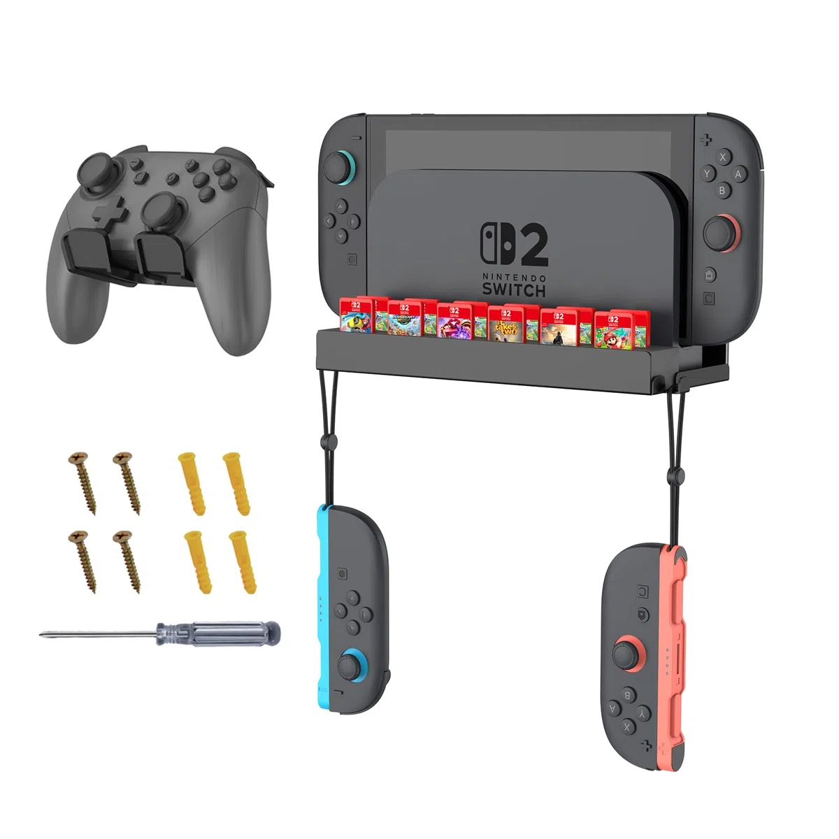 FINTIE Support Mural en Métal Compatible avec Nintendo Switch 2, avec 1 Support de Manette - [12 Emplacements de Cartes de Jeu] avec 2 Crochets pour Joy-Con, Noir
