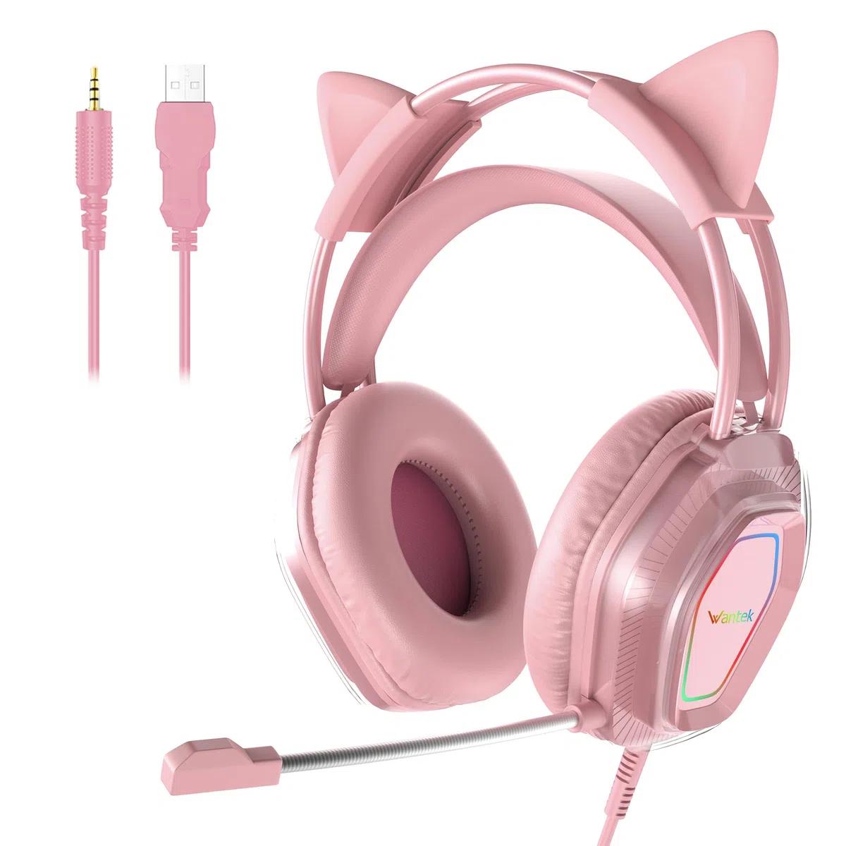 Wantak Casque de Jeu avec Oreilles de Chat & Microphone, Câble 3,5mm/USB (Compatible PC/PS5/Xbox), Son Hi-Fi (20-20 000 Hz), Réduction Passive du Bruit, Léger & Confortable pour Femmes & Filles (Rose)