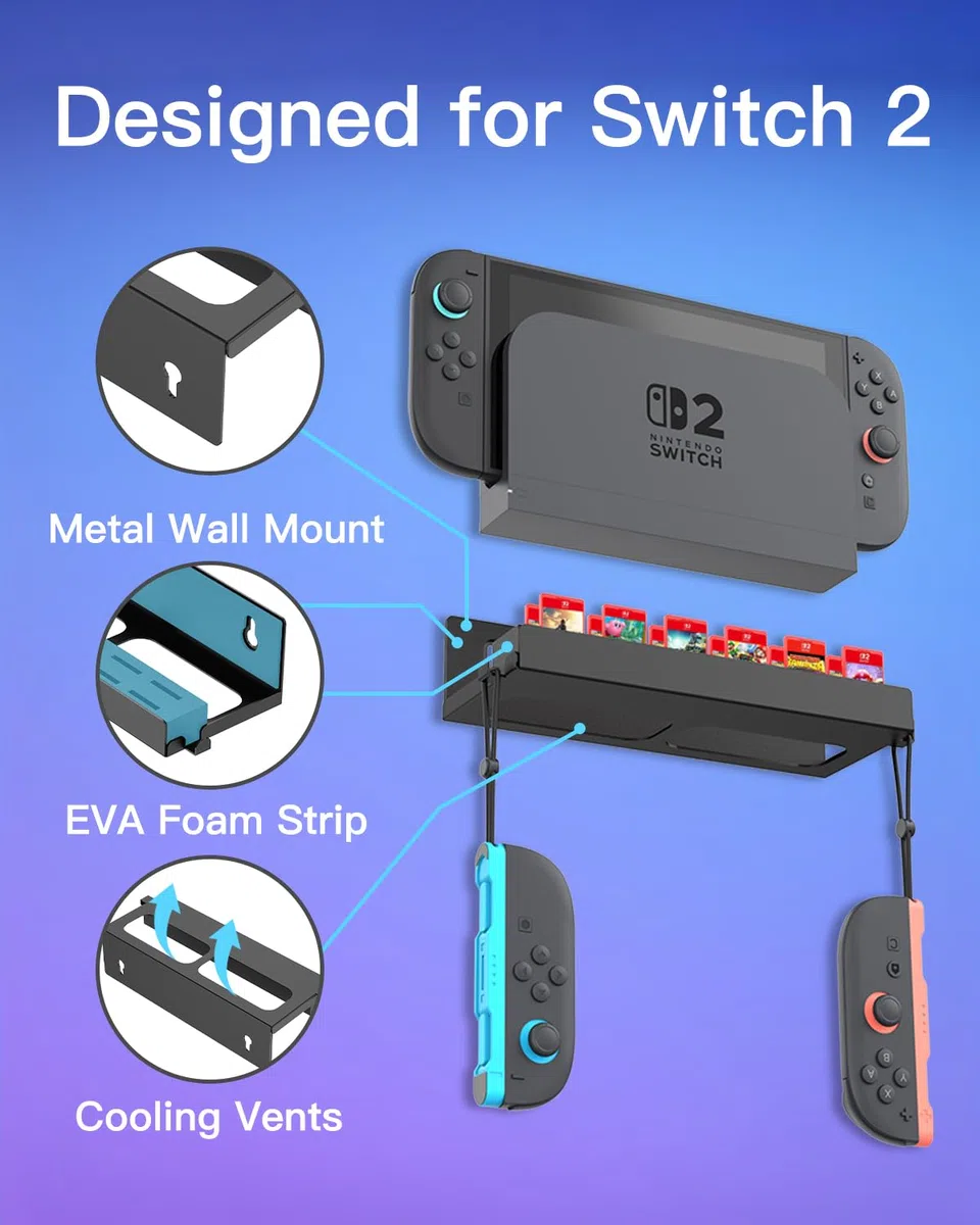 FINTIE Support Mural en Métal Compatible avec Nintendo Switch 2, avec 1 Support de Manette - [12 Emplacements de Cartes de Jeu] avec 2 Crochets pour Joy-Con, Noir
