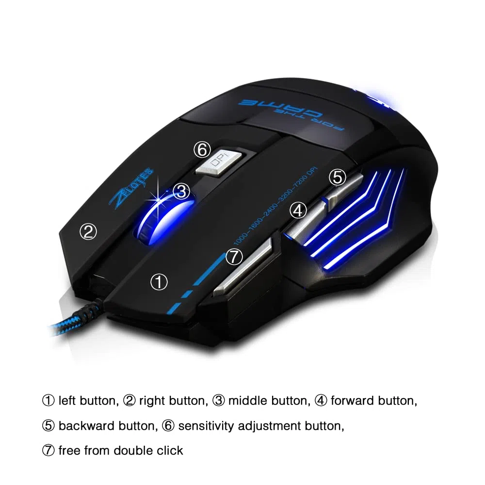 zelotes Souris Gamer Filaire,7200DPI,7 Boutons,Haute Précision,Conception Ergonomique,LED,Optique USB Souris de Jeu pour PC,Ordinateur Portable,Mac,Noir