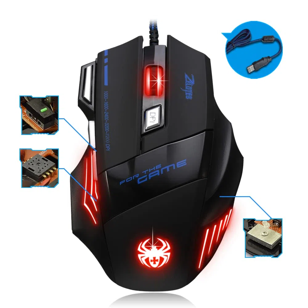 zelotes Souris Gamer Filaire,7200DPI,7 Boutons,Haute Précision,Conception Ergonomique,LED,Optique USB Souris de Jeu pour PC,Ordinateur Portable,Mac,Noir